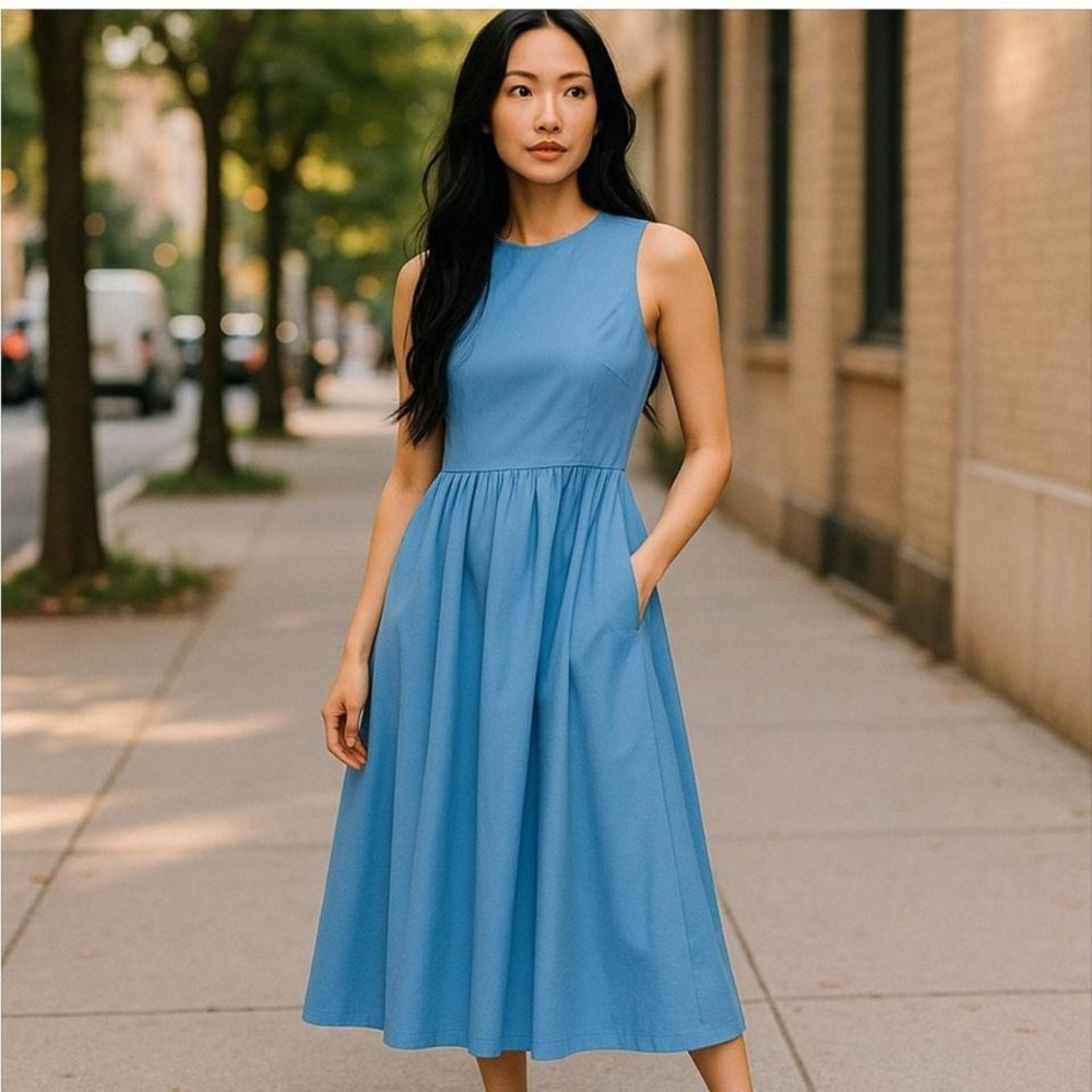 MARELLA Blue Fit-and Flare Cotton Poplin Editor Dress Size‎ 12 MSRP $398, NWT